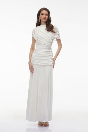 Aurohaya Rosalyn White Crew Neck Ruched Maxi Dress
