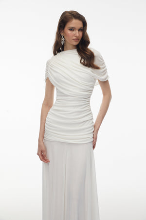 Aurohaya Rosalyn White Crew Neck Ruched Maxi Dress