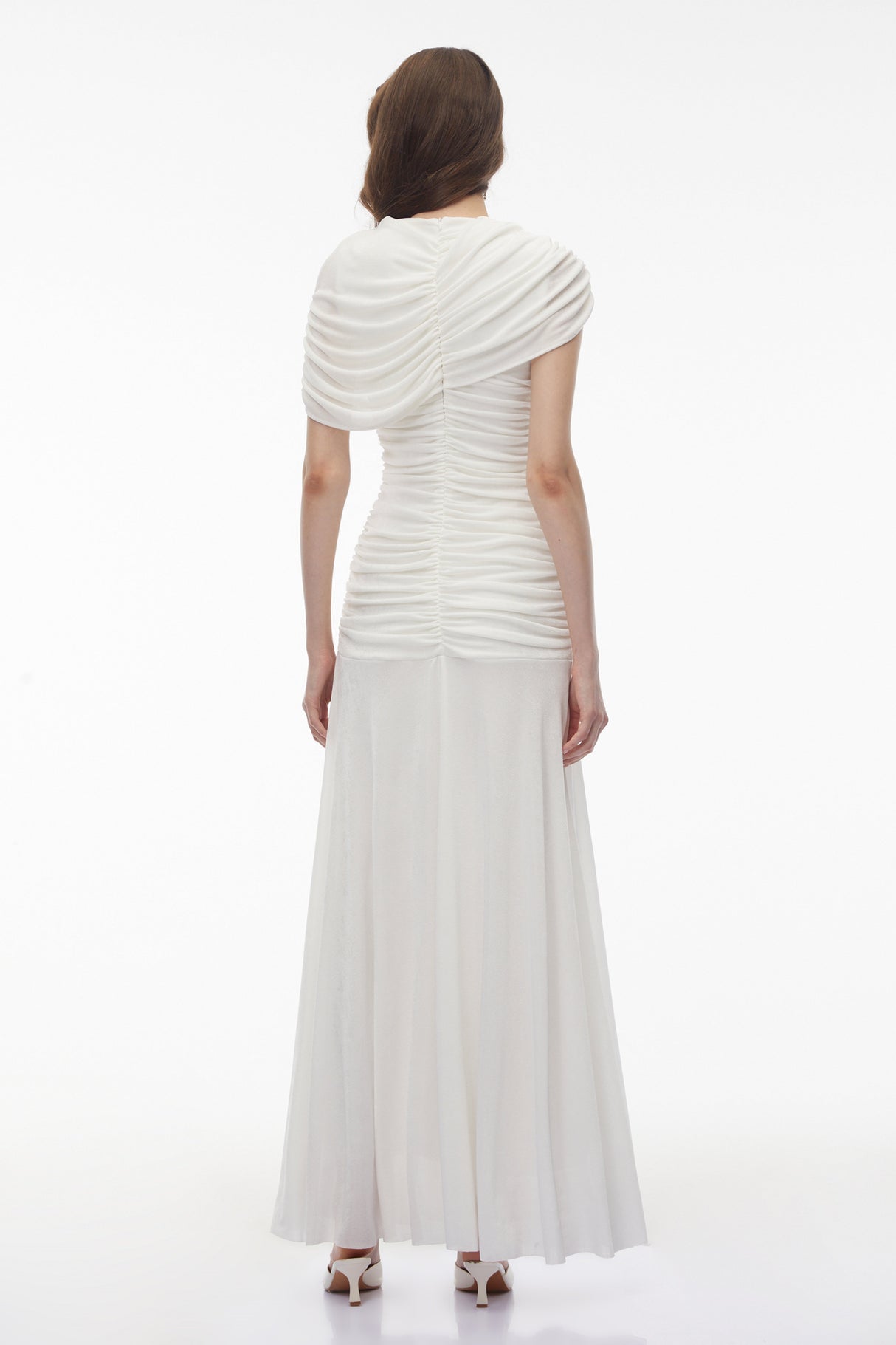 Aurohaya Rosalyn White Crew Neck Ruched Maxi Dress