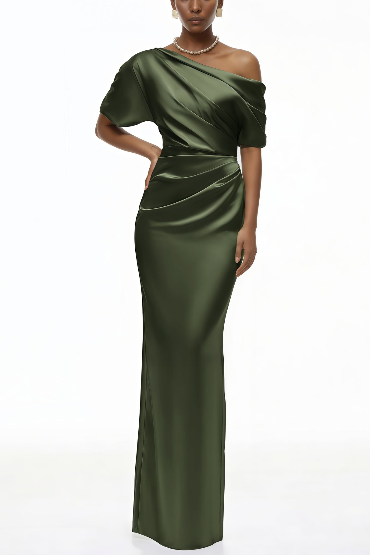 Aurohaya Roshan Emerald Green One Shoulder Satin Maxi Dress
