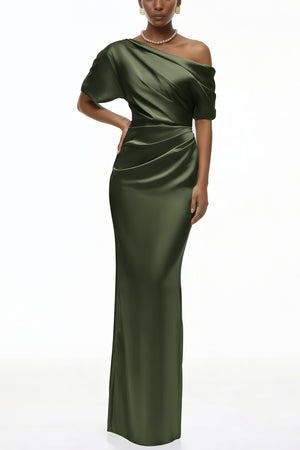 Aurohaya Roshan Emerald Green One Shoulder Satin Maxi Dress