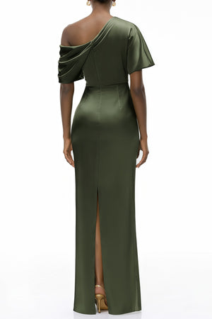 Aurohaya Roshan Emerald Green One Shoulder Satin Maxi Dress