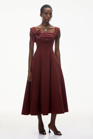 Aurohaya Roshanak Burgundy Ruched Midi Dress with Bow