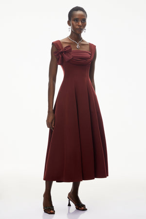 Aurohaya Roshanak Burgundy Ruched Midi Dress with Bow