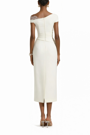 Aurohaya Roshanak White One Shoulder Midi Dress with Lace Panels