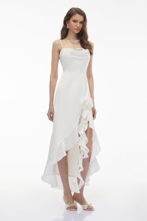 Aurohaya Rosie White Ruffled Maxi Dress with 3D Floral