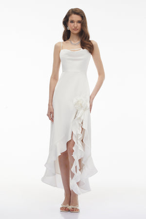 Aurohaya Rosie White Ruffled Maxi Dress with 3D Floral