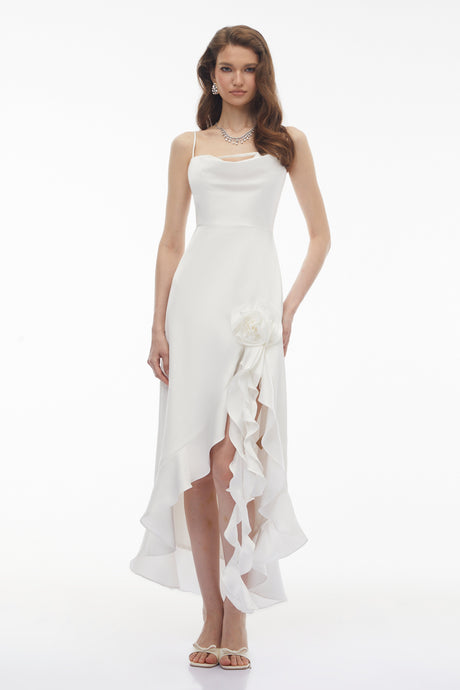 Aurohaya Rosie White Ruffled Maxi Dress with 3D Floral