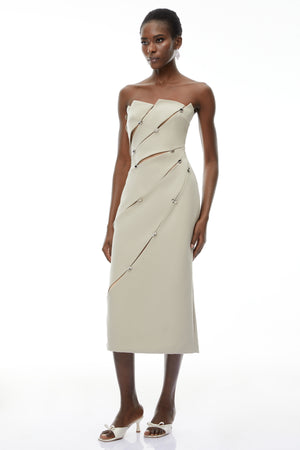 Aurohaya Rowena Khaki Asymmetrical Off Shoulder Midi Dress