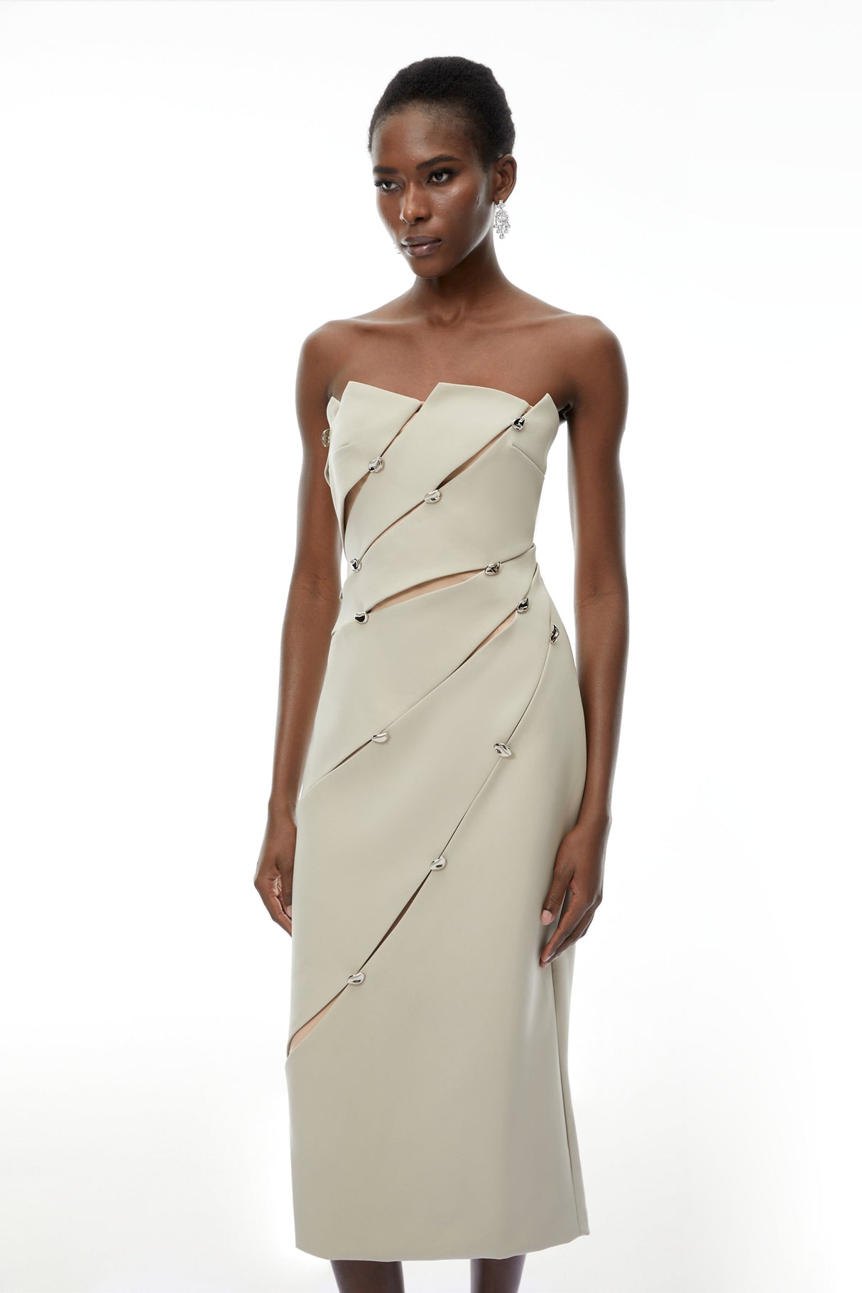 Aurohaya Rowena Khaki Asymmetrical Off Shoulder Midi Dress