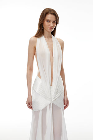 Aurohaya Ruan White Semi-Sheer Ruched Maxi Dress