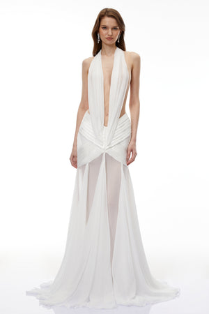 Aurohaya Ruan White Semi-Sheer Ruched Maxi Dress