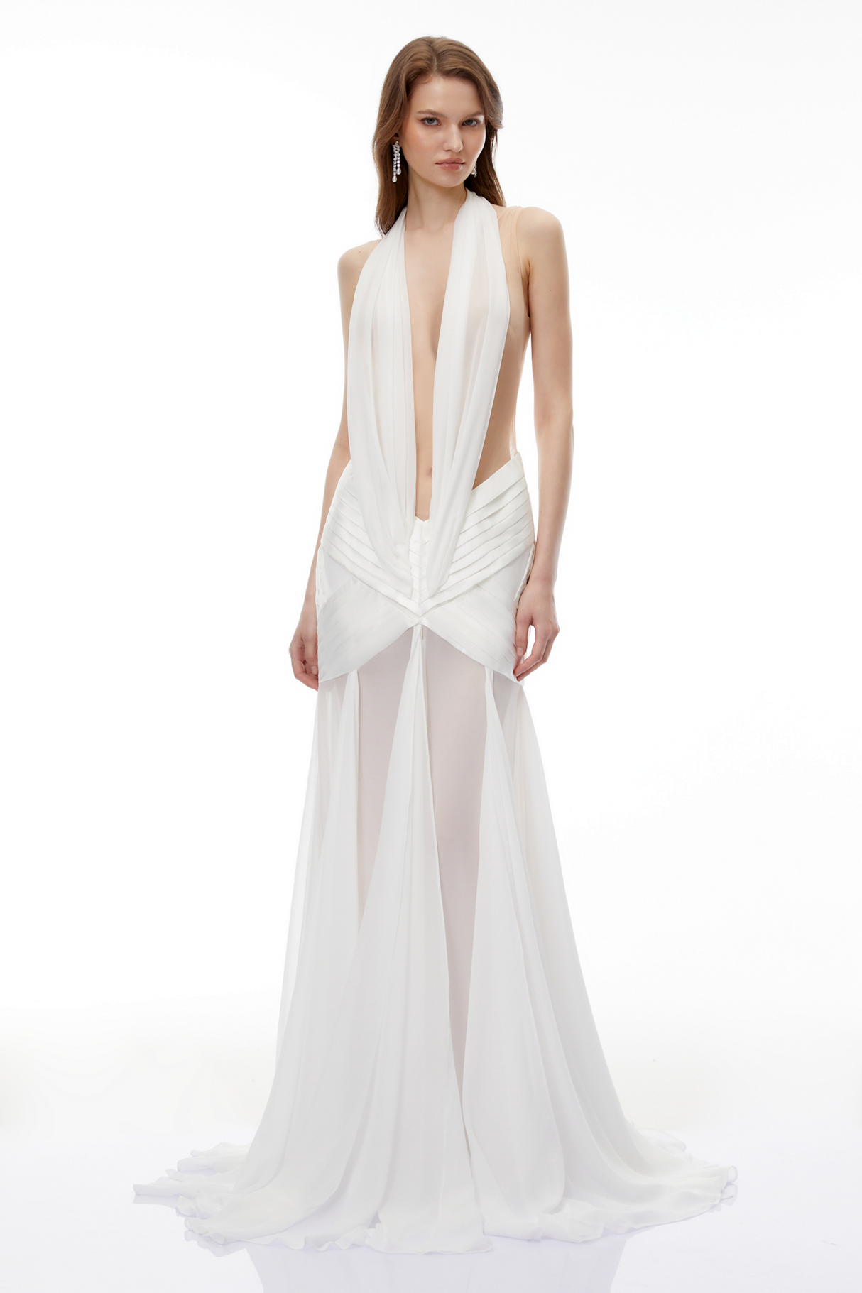 Aurohaya Ruan White Semi-Sheer Ruched Maxi Dress