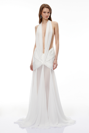 Aurohaya Ruan White Semi-Sheer Ruched Maxi Dress