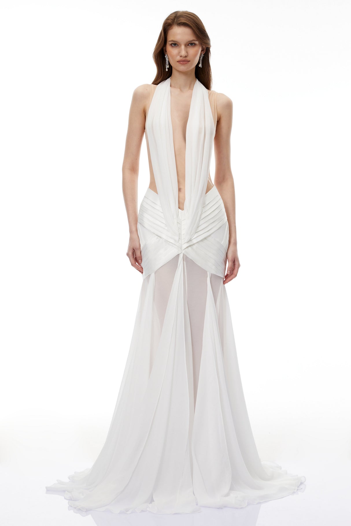Aurohaya Ruan White Semi-Sheer Ruched Maxi Dress