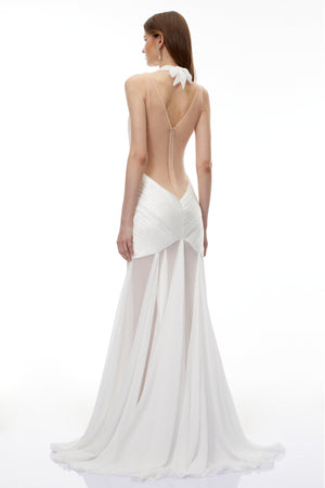 Aurohaya Ruan White Semi-Sheer Ruched Maxi Dress
