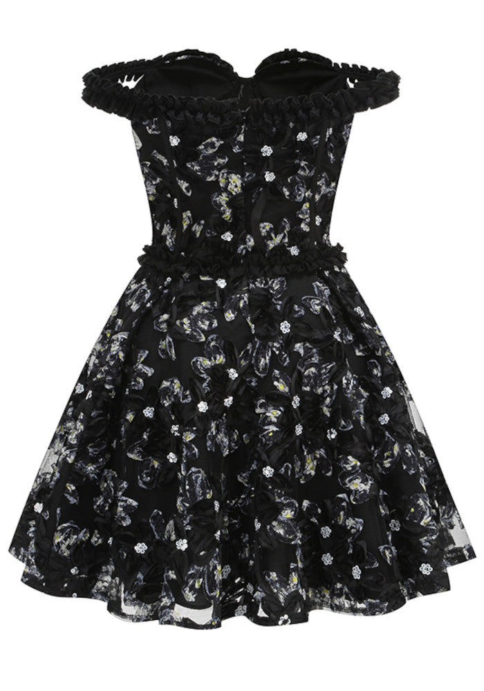 Ruffle Bardot Floral A Line Dress Black