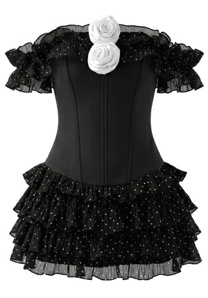 Ruffle Bardot Corset Two Piece Dress Black