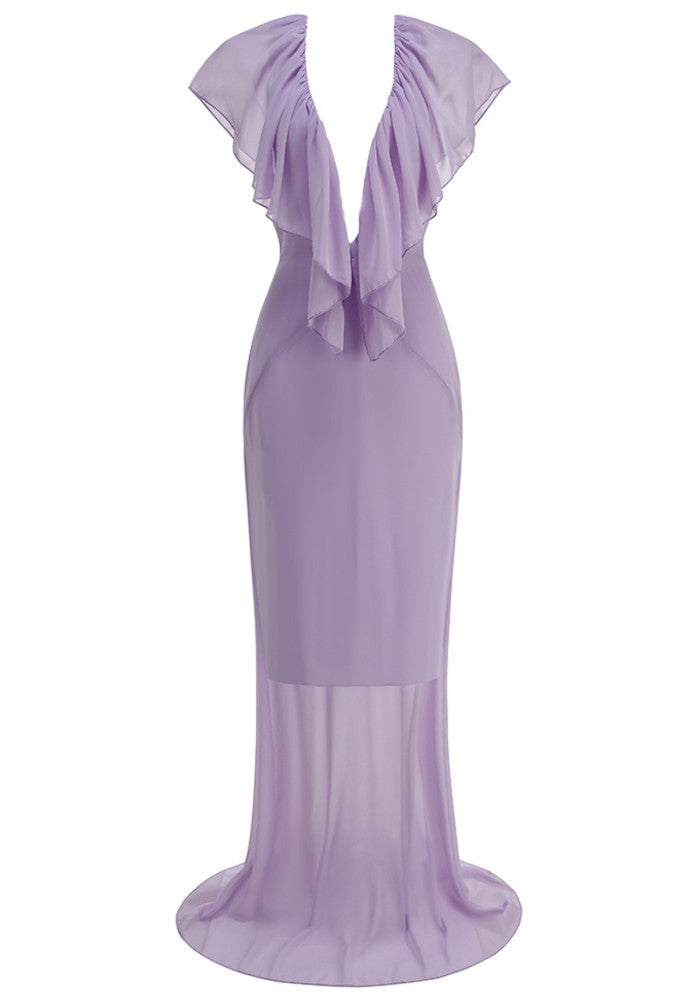 Ruffle Plunging Neck Maxi Dress Lavender