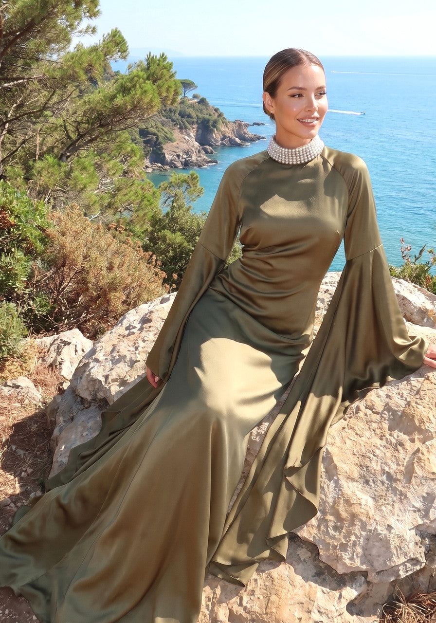 Long Ruffle Sleeve Maxi Dress Olive Green
