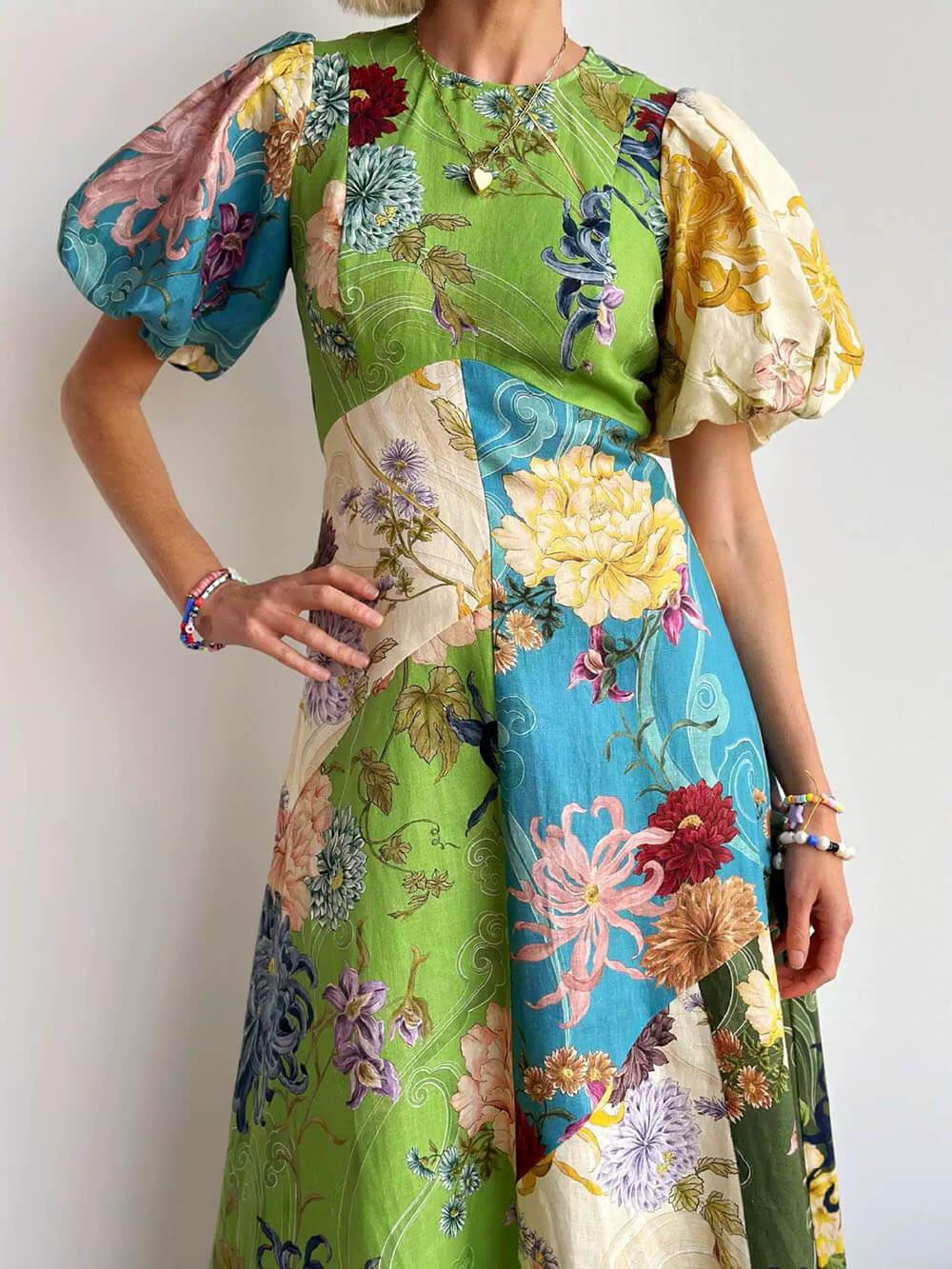 Aurohaya Casual Personalized Graffiti Print Lantern Sleeve Round Neck Linen Maxi Dress