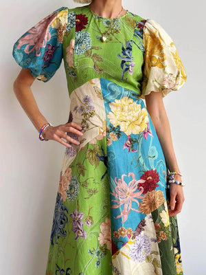 Aurohaya Casual Personalized Graffiti Print Lantern Sleeve Round Neck Linen Maxi Dress