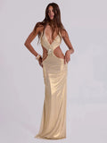 Aurohaya Roxane Satin Halter Neck Cutout Maxi Dress