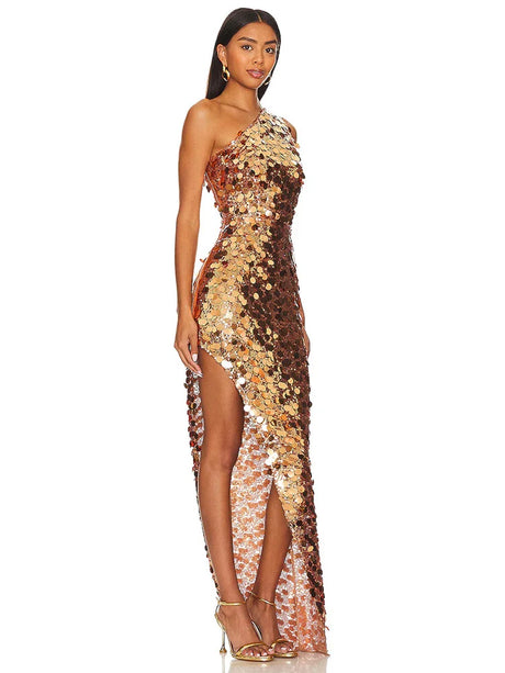 Aurohaya Aurore One Shoulder Gold Sequin Maxi Dress