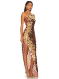 Aurohaya Aurore One Shoulder Gold Sequin Maxi Dress