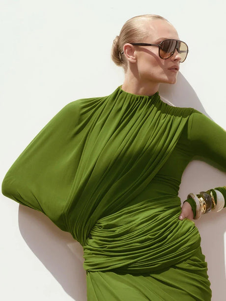 Aurohaya Anaëlle Draped High Neck Long Sleeve Maxi Dress