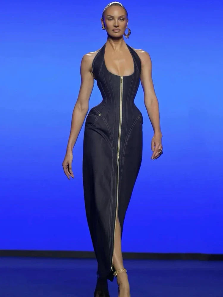 Aurohaya Alixane Denim Corset Halter Maxi Dress Black