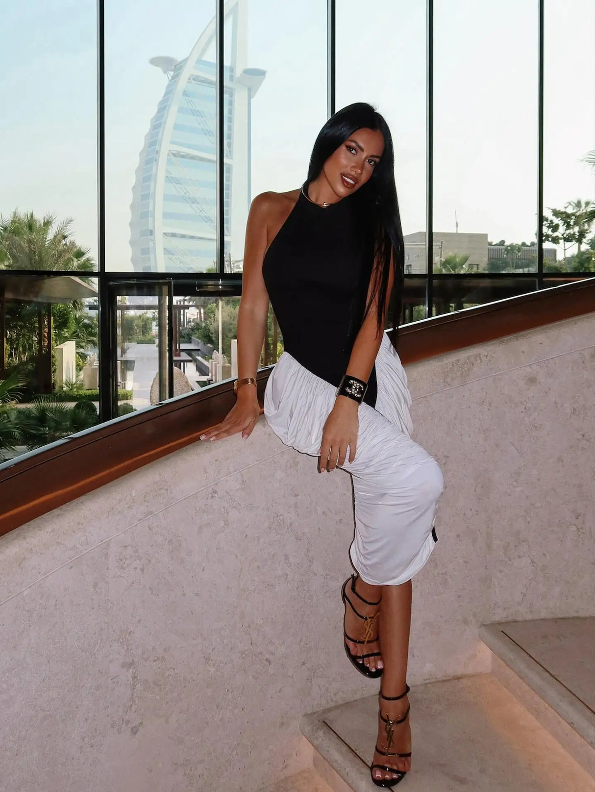 Aurohaya Laurette Halter Ruched Midi Dress Black & White