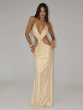 Aurohaya Roxane Satin Halter Neck Cutout Maxi Dress Gold
