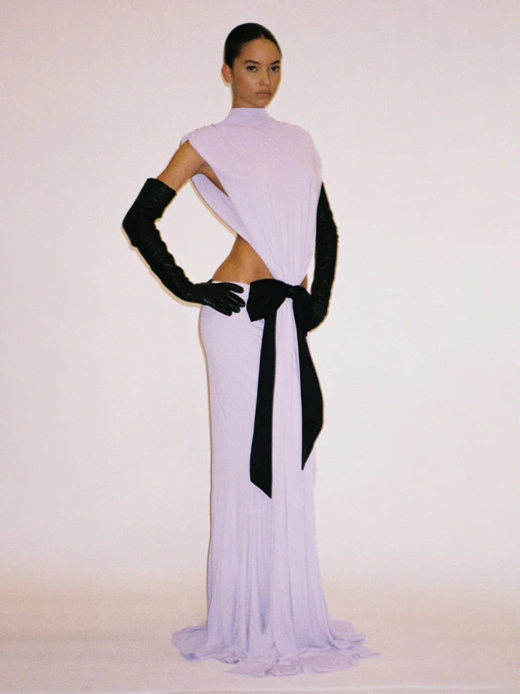 Aurohaya Mireille High Neck Cut-Out Maxi Dress Lavender