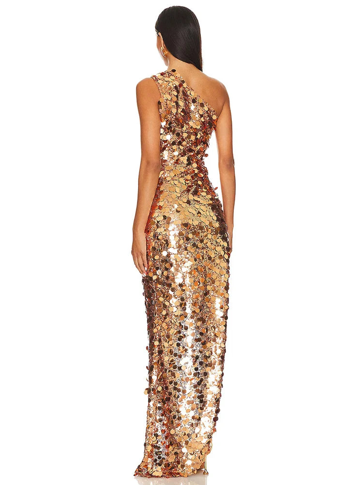 Aurohaya Aurore One Shoulder Gold Sequin Maxi Dress