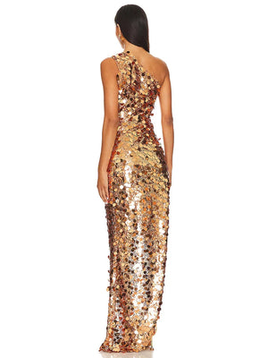 Aurohaya Aurore One Shoulder Gold Sequin Maxi Dress