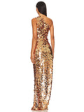 Aurohaya Aurore One Shoulder Gold Sequin Maxi Dress