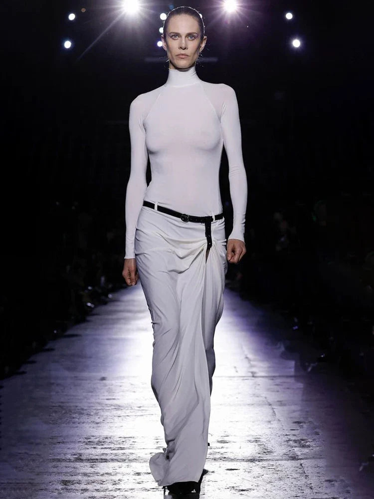 Aurohaya Perline Long Sleeve Turtleneck Maxi Dress White