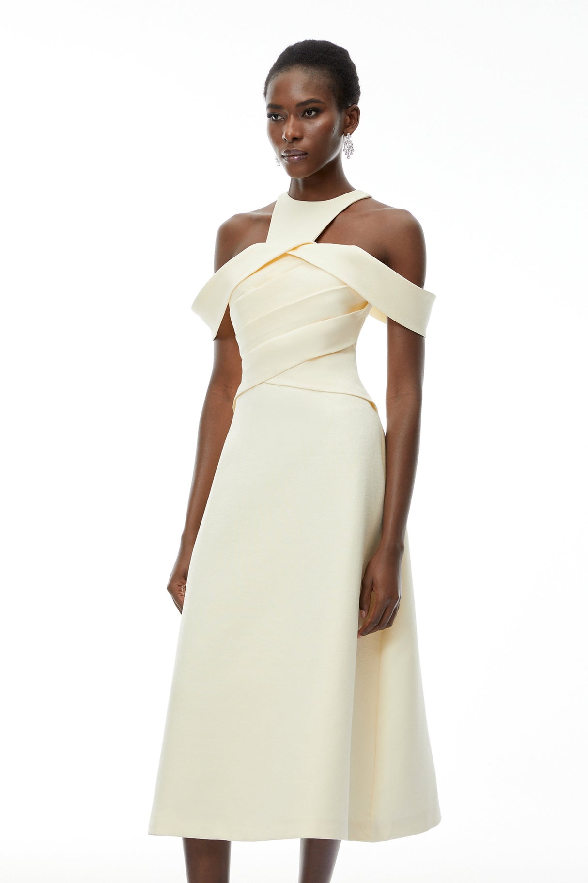Aurohaya Saara Neutral Cold Shoulder Ruched Midi Dress