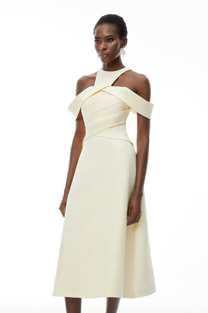 Aurohaya Saara Neutral Cold Shoulder Ruched Midi Dress
