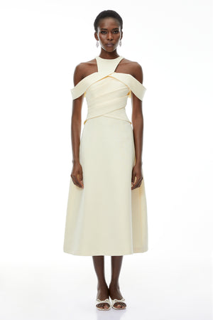 Aurohaya Saara Neutral Cold Shoulder Ruched Midi Dress