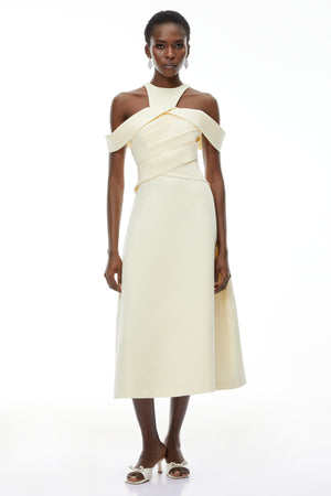 Aurohaya Saara Neutral Cold Shoulder Ruched Midi Dress