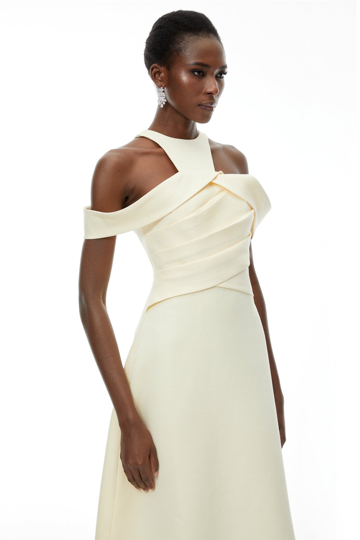 Aurohaya Saara Neutral Cold Shoulder Ruched Midi Dress