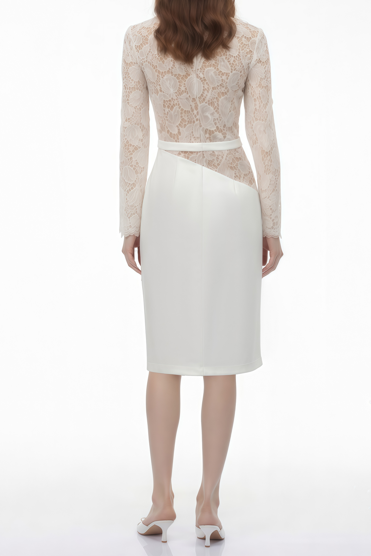 Aurohaya Sabine White Lace Panel Midi Dress