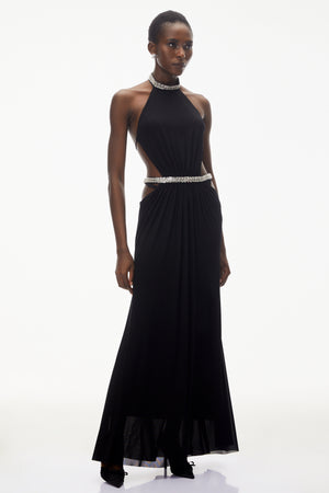 Aurohaya Sabra Black Open Back Maxi Dress with Crystals