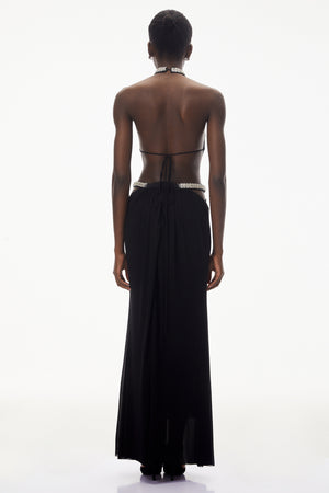 Aurohaya Sabra Black Open Back Maxi Dress with Crystals