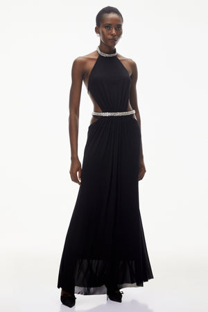 Aurohaya Sabra Black Open Back Maxi Dress with Crystals