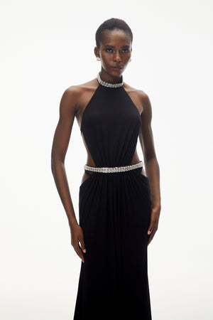 Aurohaya Sabra Black Open Back Maxi Dress with Crystals