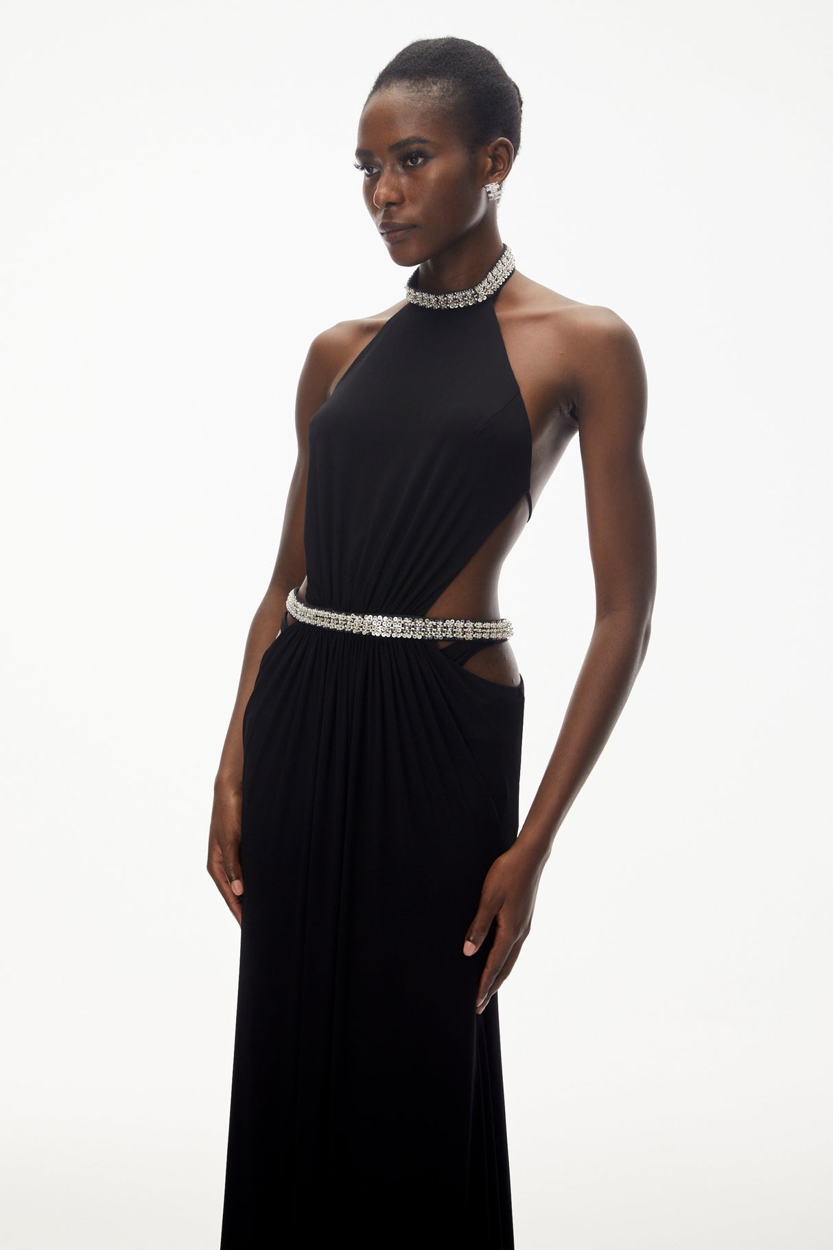 Aurohaya Sabra Black Open Back Maxi Dress with Crystals