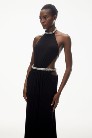 Aurohaya Sabra Black Open Back Maxi Dress with Crystals